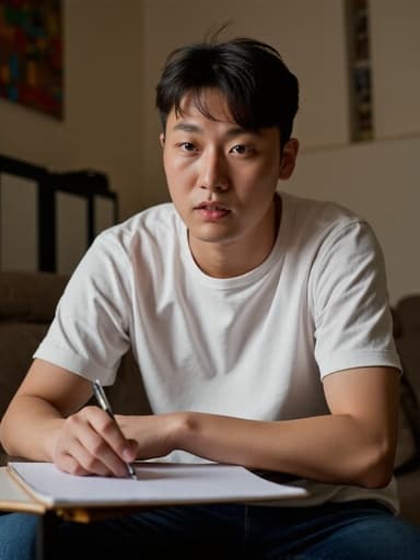30대 초반의 동양인 남성이 편안한 티셔츠와 청바지를 입고, 노트를 작성하며 당황한 표정으로 카메라를 응시하는 반신 사진. 배경에는 책장이 있는 아늑한 거실이 있어, 그의 집중하면서도 당황한 표정을 더욱 돋보이게 하는 매력적인 분위기를 자아낸다.