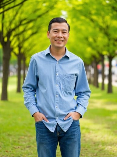 이미지는 캐주얼한 셔츠와 청바지를 입은 30대 후반의 동양인 남성이 동료와 함께 푸르른 공원에서 서 있는 모습입니다. 차가운 표정과 주머니에 손을 넣은 자세는 편안한 분위기를 자아내며, 공원의 푸른 배경이 자연스러운 느낌을 더합니다.