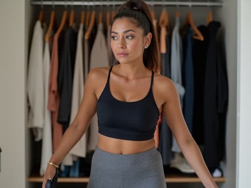 50대 초반의 라틴계 여성이 현대적인 운동복을 입고, 다양한 스타일의 의상이 정돈된 깔끔한 옷장 앞에서 신발을 신기 위해 스트레칭하는 모습의 반신 샷입니다. 그녀는 차가운 표정을 지으며 집중하는 모습을 보여줍니다.