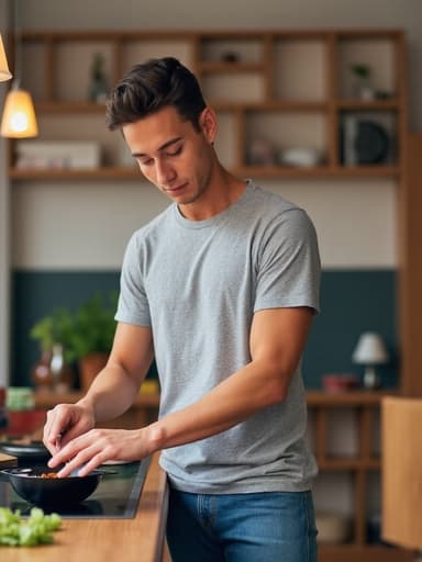 자연스러운 외모를 가진 10대 후반의 유럽계 남성이 캐주얼한 티셔츠와 청바지를 입고 반신 촬영된 모습입니다. 그는 현대적인 사무실 환경에서 요리 도구를 사용하며 평온한 표정을 지으며 요리를 하고 있어 아늑하고 편안한 분위기를 만들어냅니다.
