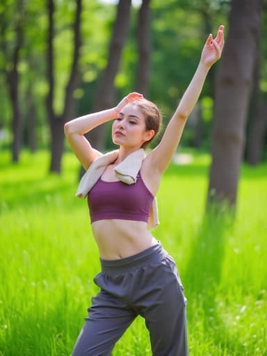 중동계 10대 후반 여성의 전신 사진. 편안한 운동복을 입고 스파 수건을 두른 모습으로, 차분한 표정으로 양팔을 살짝 벌리며 춤추는 자세를 취하고 있다. 배경은 푸른 잔디와 나무가 있는 공원으로, 고요한 분위기를 더하고 있다. 자연광이 그녀와 주변의 푸르름을 비추어 생기 있고 매력적인 장면을 연출한다.