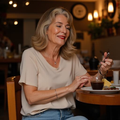 50대 초반의 자연스러운 외모를 가진 여성이 아늑한 카페 테이블에 편안하게 앉아 있는 반신 이미지입니다. 그녀는 편안한 블라우스와 청바지를 입고 있으며, 평온한 표정으로 미소를 지으며 손에 포크를 들고 맛있는 음식을 바라보고 있습니다. 카페의 따뜻한 조명이 아늑한 분위기를 더해주며, 나무 가구에서 부드러운 톤이 반사되어 평화롭고 즐거운 느낌을 줍니다.