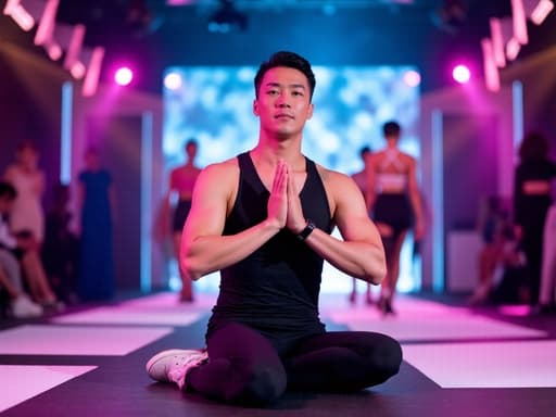 40대 초반의 한국인 남성이 세련된 요가 복과 패셔너블한 운동화를 착용하고, 두 손을 모으고 요가 자세를 취하며 스트레스를 받은 듯한 표정을 짓고 있는 모습의 반신 사진. 배경은 모델들이 런웨이를 걷고 있는 화려한 패션쇼 무대입니다.