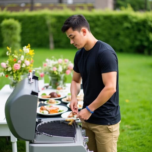 20대 중반의 동양인 남성이 캐주얼한 티셔츠와 반바지를 입고 바베큐 그릴 주변을 청소하는 모습의 반신 샷입니다. 차가운 표정을 지으며 푸른 잔디와 테이블이 있는 야외 배경에서 따뜻하고 매력적인 분위기를 자아냅니다.