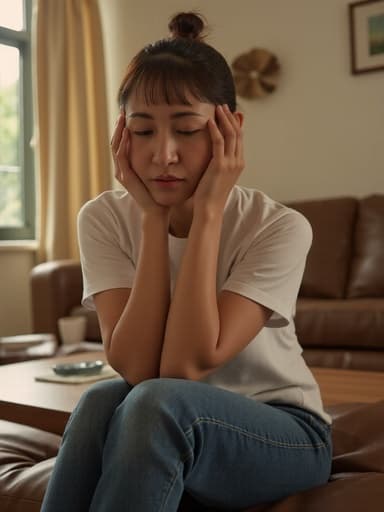 40대 초반의 아시아계 여성이 아늑한 거실에 앉아 있는 반신 촬영입니다. 그녀는 편안한 티셔츠와 청바지를 입고 있으며, 손으로 머리를 감싸고 실망한 표정을 짓고 있습니다. 창문을 통해 들어오는 따뜻한 햇빛이 공간의 아늑하면서도 우울한 분위기를 강조합니다.
