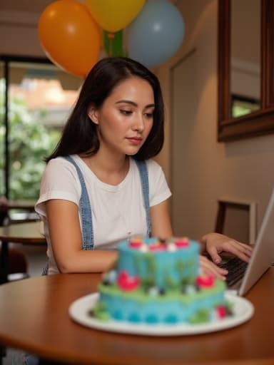 20대 초반의 백인 여성 한 명이 캐주얼한 티셔츠와 청바지를 입고 반신 촬영된 모습이다. 아늑한 카페에 앉아 노트북으로 타이핑하며 무표정으로 화면을 바라보고 있으며, 테이블 위에는 생일 케이크와 풍선이 놓여 있어 따뜻하고 축제 같은 분위기를 만들어낸다.