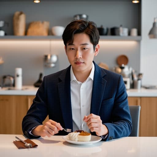 이 이미지는 세련된 비즈니스 캐주얼 의상을 착용한 30대 중반의 한국 남성이 디저트를 즐기고 있는 모습을 담고 있습니다. 그는 포크를 들고 현대적인 회의실 테이블에 앉아 있으며, 배경에는 다양한 주방 기구와 식기들이 있는 깔끔하고 현대적인 주방이 있어 매력적인 분위기를 연출합니다.