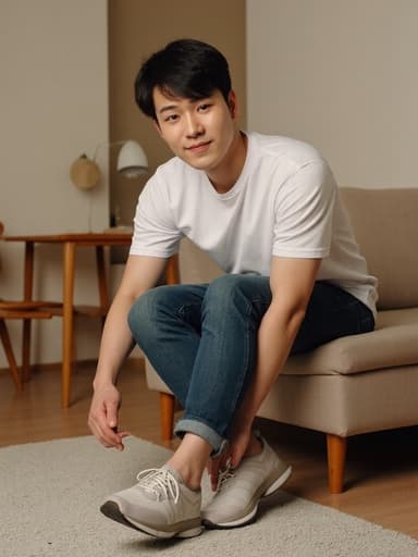 아늑한 집안 환경에서 자연스럽게 미소를 지으며 신발을 신는 20대 초반의 동양인 남성이 편안한 티셔츠와 청바지를 입고 편안하고 매력적인 분위기를 담고 있습니다.
