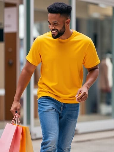 트렌디한 스트리트 패션을 입은 젊은 아프리카계 남성 모델이 쇼핑백을 들고 주변을 살펴보며 따뜻하게 미소 짓고 있는 모습이 반사 거울이 있는 현대적인 쇼핑 공간에서 펼쳐지고 있습니다. 이는 흥미와 탐험의 감정을 전달합니다.