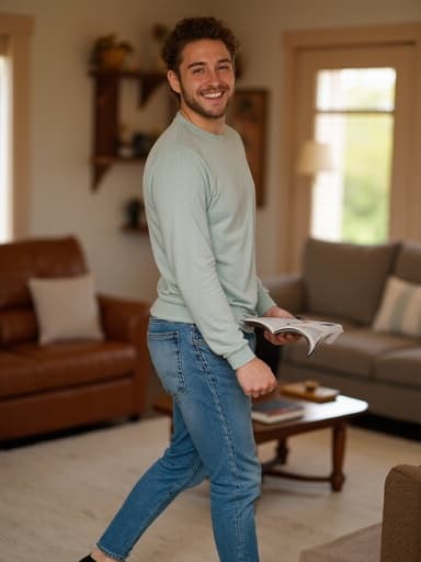 20대 초반의 유럽계 남성이 캐주얼한 티셔츠와 청바지를 입고 아늑한 거실을 걸어가며 책을 들고 있습니다. 그는 밝은 미소로 행복한 감정을 표현하며, 편안하고 초대하는 분위기를 자아냅니다.