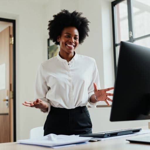 40대 초반 아프리카계 미국인 여성이 비즈니스 캐주얼 의상인 블라우스와 슬랙스를 입고, 컴퓨터 화면을 보며 손짓을 하며 설명하고 있는 반신 촬영입니다. 밝게 웃고 있는 모습이 인상적이며, 배경은 모던한 사무실 풍경으로, 정돈된 책상 위에 노트북과 문서가 놓여 있습니다. 전체적인 장면은 전문적이면서도 친근한 분위기를 전달하며, 그녀의 자신감과 업무에 대한 몰입을 강조합니다.