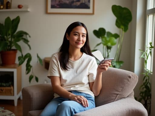20대 중반의 유럽계 여성이 아늑한 거실의 소파에 앉아 있습니다. 편안한 티셔츠와 청바지를 착용하고, 손에 스마트폰을 들고 약간 앞으로 기울이며 자연스러운 미소를 짓고 있습니다. 배경에는 벽에 걸린 아트워크와 식물들이 그녀의 개인 공간의 아늑한 분위기를 더하고 있습니다.