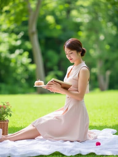 세련된 여름 원피스를 입은 30대 중반의 동양인 여성이 그림 같은 피크닉 장소에서 우아하게 포즈를 취하고 있으며, 한 손에는 디저트를 들고 다른 손으로 책을 읽고 있습니다. 푸른 잔디와 나무들로 둘러싸여 있어 우아함과 세련됨을 발산하고 있습니다.