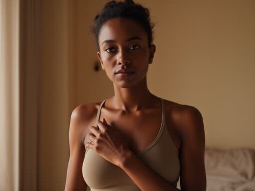 10대 후반의 아프리카계 여성 모델이 자연스러운 외모로 편안한 요가 복을 입고 있는 모습이 반신 샷으로 담겨 있습니다. 걱정스러운 표정을 지으며 한 손으로 상체를 감싸고 옷을 입으려 하고 있으며, 아늑한 요가 스튜디오의 부드러운 조명 속에서 따뜻하고 초대하는 분위기를 자아냅니다.