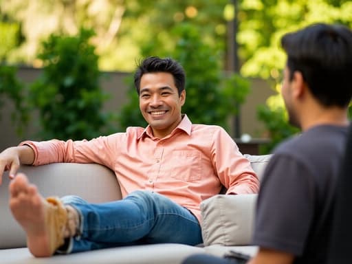 자연스러운 외모를 가진 40대 중반의 라틴계 남성이 캐주얼한 셔츠와 청바지를 착용하고 있습니다. 그는 소파에 편안하게 앉아 친구와 대화를 나누며 매력적인 미소를 짓고 있습니다. 이 장면은 화창한 날 녹음이 우거진 야외 공간에서 설정되어 있으며, 편안하고 즐거운 분위기를 더합니다.