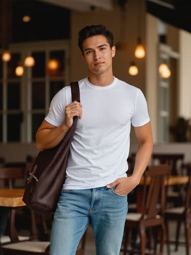 20대 중반의 백인 남성이 반신 샷으로 등장하며, 캐주얼한 티셔츠와 청바지를 입고 스타일리시한 가방을 메고 있습니다. 그는 우아한 미소와 여유로운 감정을 드러내며 한 손으로 가방을 살짝 흔들고 있으며, 아늑한 카페 내부가 여유로움과 취미 생활을 즐기는 느낌을 줍니다.