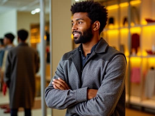 20대 중반의 아프리카계 남성이 미러룸에서 팔짱을 끼고 트렌디한 패션 아이템을 감상하며 서 있는 모습으로, 그 주위에 다양한 패션 아이템들이 아름답게 반사되어 역동적이고 세련된 분위기를 보여줍니다.