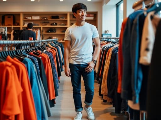 30대 초반의 한국 남성이 세련된 패션 매장에서 캐주얼한 티셔츠와 청바지를 입고 자연스러운 미소를 지으며 옷을 고르고 있는 모습. 배경에는 다양한 의상이 진열되어 있어 쇼핑하기에 매력적인 분위기를 만들어냅니다.