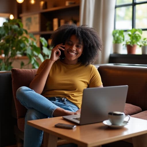 아프리카계 20대 중반의 여성이 아늑한 카페에서 전화 통화를 하며 따뜻한 미소를 짓고 있습니다. 캐주얼한 티셔츠와 청바지를 착용하고, 한 손으로 전화기를 귀에 대고 다른 손은 소파에 편안하게 올려놓고 있습니다. 테이블 위에는 커피잔과 노트북이 놓인 환영하는 환경에 둘러싸여 있습니다.