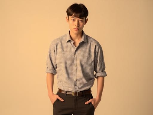 30대 초반의 한국인 남성이 모던한 체크 셔츠와 슬랙스를 입고 한 손을 주머니에 넣고 편안하게 서 있는 반신 사진입니다. 자연스러운 외모와 약간의 피곤한 표정을 지으며 부드러운 조명이 비추는 스튜디오 배경에서 따뜻한 분위기를 자아냅니다.