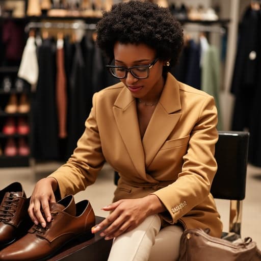 세련된 패션 매장에서 신발을 조심스럽게 고르고 있는 40대 초반의 흑인 여성의 반신 사진. 그녀는 고급스러운 액세서리와 함께 트렌디한 의상을 착용하고 있으며, 배경에는 다양한 신발들이 진열되어 있어 차분하고 집중한 표정을 지니고 있습니다.