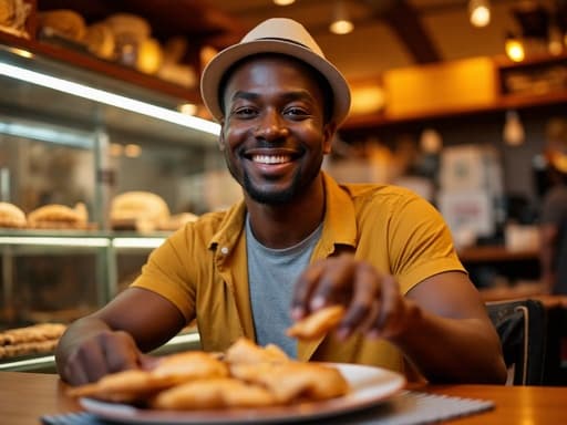 40대 중반의 아프리카계 남성이 아늑한 베이커리 테이블에 앉아 밝게 웃으며 맛있는 바베큐 음식을 즐기는 모습의 반신 사진입니다. 그는 편안한 티셔츠와 반바지를 입고 있으며, 다양한 빵이 진열된 베이커리의 따뜻한 분위기 속에서 편안하고 즐거운 분위기를 자아내고 있습니다.