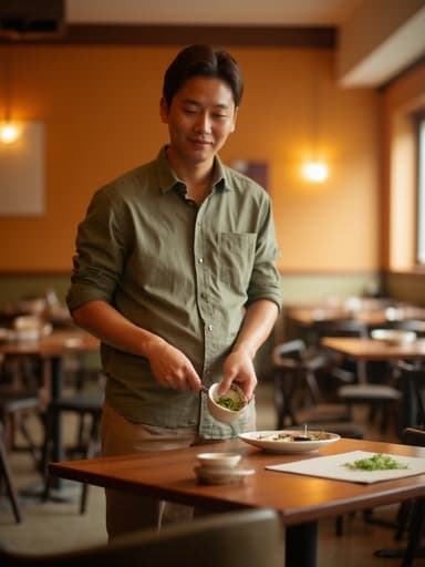 30대 중반의 한국인 남성이 캐주얼한 복장을 입고 아담한 식당의 식탁 앞에서 음식을 준비하며 평온한 미소를 짓고 있습니다. 따뜻한 조명이 비추는 분위기가 초대하는 듯한 느낌을 주며, 요리의 기쁨과 평온함을 반영합니다.
