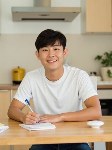 자연스러운 외모를 가진 20대 초반 한국인 남성이 밝은 주방 식탁에 앉아 편안한 티셔츠와 청바지를 입고 있습니다. 그는 친근한 미소를 지으며 노트에 글을 쓰고 있으며, 잘 정돈된 조리기구와 아늑한 주방 환경이 둘러싸여 있습니다. 이 이미지는 따뜻함과 친근함을 전달합니다.