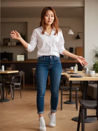 30대 초반의 자연스러운 외모를 가진 동양인 여성이 편안한 셔츠와 청바지를 입고, 지루한 표정을 지으며 동료와 함께 점프하는 모습의 전신사진입니다. 배경은 테이블과 의자가 놓인 아늑한 카페로, 커피와 간단한 스낵이 있어 유쾌하면서도 편안한 분위기를 자아냅니다.