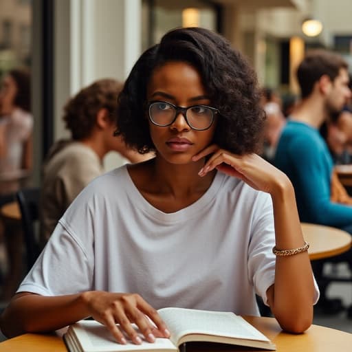 20대 초반 아프리카계 여성으로, 캐주얼한 티셔츠와 청바지를 입고 대학 캠퍼스의 카페 테이블에 앉아 있습니다. 그녀는 커다란 안경을 쓰고 책을 바라보며 짜증난 표정을 짓고 있으며, 손으로 머리를 감싸고 불만스러운 자세를 취하고 있습니다. 배경에는 다른 학생들이 공부하거나 대화하는 모습이 보여져 활기찬 학문적 분위기를 만들어냅니다.