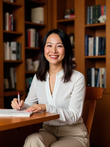 세련된 블라우스와 편안한 바지를 착용한 40대 초반의 아시아계 여성이 조용한 도서관의 책장 앞에서 노트를 작성하며 밝게 웃고 있는 반신 촬영 이미지. 자연스러운 조명이 따뜻한 분위기를 연출하며 집중과 친근감을 강조합니다.