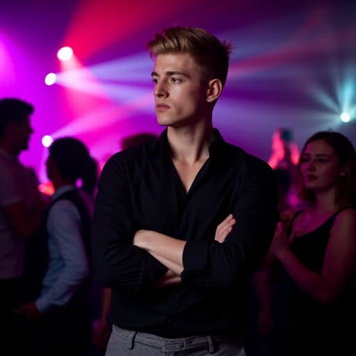 세련된 블랙 셔츠와 그레이 팬츠를 입은 젊은 유럽계 남성이 팔짱을 끼고 서 있으며, 화려한 조명이 비치는 파티룸에서 웃음소리와 대화가 들리는 가운데 분노한 표정을 짓고 있습니다.