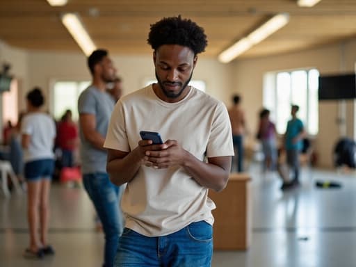 40대 중반의 아프리카계 남성이 편안한 티셔츠와 청바지를 입고 스마트폰으로 동영상을 시청하며 무관심한 표정을 짓고 있는 반신 샷입니다. 배경에는 다양한 활동에 참여하는 사람들로 가득 찬 넓은 커뮤니티 센터가 보이며, 따뜻하고 친근한 분위기를 자아냅니다.