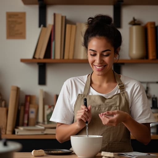 20대 중반의 혼혈 여성의 반신 사진으로, 자연스러운 외모를 보여줍니다. 편안한 티셔츠와 바지를 입고 세련된 앞치마를 두르고 있습니다. 열정적인 표정으로 요리에 몰두하며, 활발한 손동작으로 조리 도구를 사용하고 있습니다. 배경은 책과 노트가 놓인 아늑한 공부방이며, 벽에는 요리 레시피가 붙어 있어 초대하고 영감을 주는 분위기를 자아냅니다.