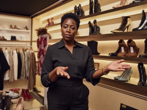 세련된 블라우스와 팬츠를 입은 40대 중반의 흑인 여성이 다양한 신발이 진열된 패션 매장에서 고민하는 표정으로 서 있습니다. 그녀는 신발을 살펴보며 손을 펼친 자세로 다양한 선택지를 고려하고 있습니다. 화려하고 세련된 매장 분위기 속에서 촬영된 이미지입니다.