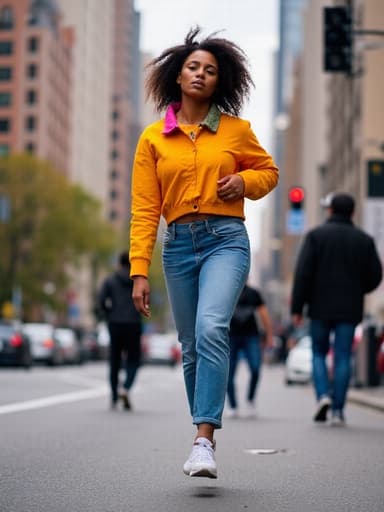 트렌디한 스트리트 패션을 입은 20대 초반의 혼혈 여성은 도시 환경에서 점프하며 지나가는 사람들을 걱정스럽게 바라보고 있습니다. 밝은 재킷과 스니커즈를 착용하고 있으며, 활기찬 도시 분위기를 연출합니다.