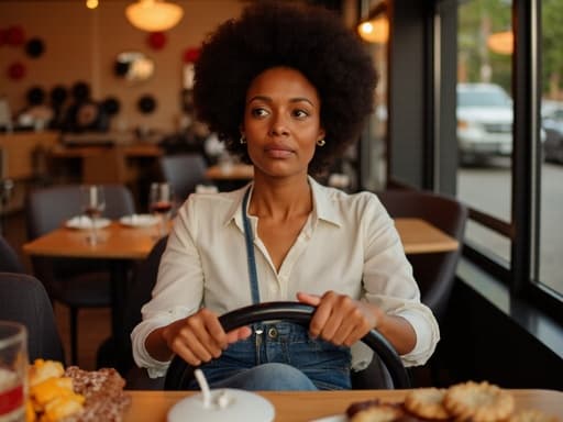 40대 초반의 흑인 여성의 반신 사진으로, 자연스러운 외모를 가진 그녀는 캐주얼한 블라우스와 청바지를 입고 있습니다. 그녀는 약간의 실망한 표정을 지으며 운전대에 손을 올리고 앞을 바라보고 있습니다. 배경은 다양한 파티 음식들이 놓인 테이블을 갖춘 아늑한 카페 내부를 보여주며, 초대하는 듯한 편안한 분위기를 연출합니다.