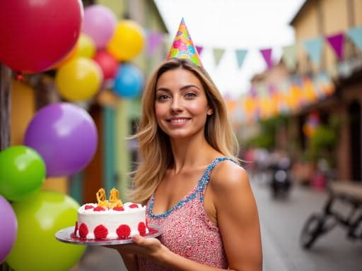 이 이미지는 화사한 생일 드레스와 생일 모자를 쓴 20대 중반의 유럽계 여성이 아름답게 장식된 생일 케이크를 들고 기쁘게 걸어가는 모습을 담고 있습니다. 배경은 다채로운 풍선과 축제를 알리는 현수막으로 꾸며진 활기찬 거리 풍경으로, 축하와 행복의 분위기를 자아냅니다.