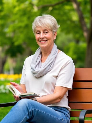 50대 초반의 자연스러운 외모를 가진 여성이 푸르른 나무와 꽃들이 가득한 공원에서 나무 벤치에 편안하게 앉아 있는 반신 촬영입니다. 그녀는 편안한 티셔츠와 청바지를 착용하고 가벼운 스카프를 두르고 있습니다. 여유롭고 평온한 표정을 지으며 한 손으로 다정하게 책을 들고 있습니다. 그녀의 의상, 고요한 감정, 그리고 그림 같은 배경의 조화가 초대하고 평화로운 분위기를 만들어냅니다.