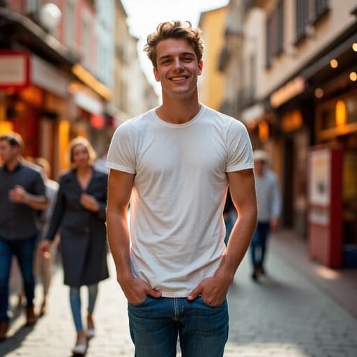 20대 초반의 유럽계 남성이 캐주얼한 티셔츠와 청바지를 입고 활기찬 거리 풍경 속에 서 있습니다. 그는 두 손을 주머니에 넣고 평온한 표정과 따뜻한 미소를 지으며 가족과의 시간을 즐기는 듯한 편안한 모습을 보이고 있습니다. 사람들과 상점들이 가득한 생동감 넘치는 분위기 속에 있습니다.