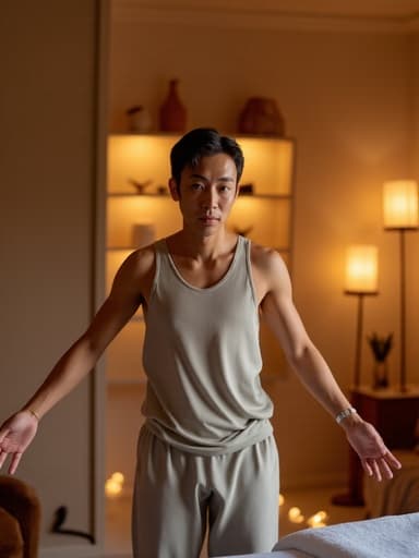 20대 중반의 동양인 남성이 편안한 요가복을 착용하고 양팔을 살짝 벌린 채 긴장한 표정을 짓고 있는 전신 사진으로, 부드러운 조명이 비치는 아늑한 마사지샵 내부를 배경으로 하고 있습니다.