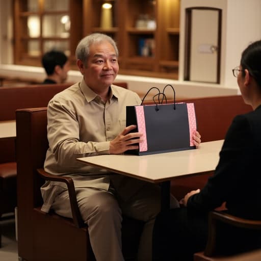 50대 초반의 아시아계 남성이 캐주얼한 셔츠와 슬랙스를 입고 아늑한 카페 테이블에 앉아 동료와 차분한 표정으로 대화하고 있는 반신 사진. 한 손에는 쇼핑백을 들고 있으며, 카페의 따뜻하고 매력적인 분위기와 잘 어울리는 여유로운 모습을 보여줍니다. 배경은 부드러운 조명과 편안한 좌석으로 구성되어 전체적인 매력을 더합니다.