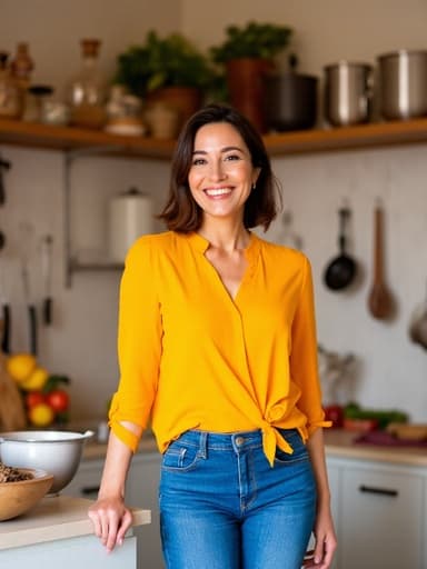 30대 중반의 백인 여성이 아늑하고 현대적인 주방에서 밝은 캐주얼 블라우스와 청바지를 입고 서 있으며, 조리대에 손을 얹고 활기차고 즐거운 표정으로 웃고 있습니다. 다양한 요리 도구와 신선한 재료들이 주방에 놓여 있어 생기 있고 매력적인 분위기를 전달합니다.
