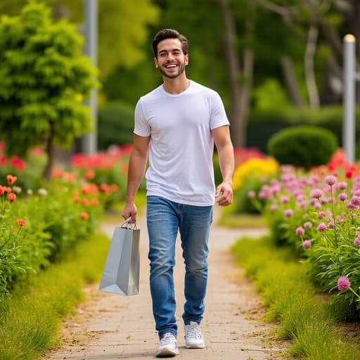 20대 초반의 라틴계 남성이 캐주얼한 티셔츠와 청바지를 입고 쇼핑백을 들고 걷고 있는 모습의 반신 사진입니다. 그의 얼굴에는 열정적인 미소가 번지고 있으며, 화려한 꽃과 푸르른 나무가 있는 아름다운 정원을 배경으로 하고 있어 기분 좋고 초대하는 분위기를 자아냅니다.