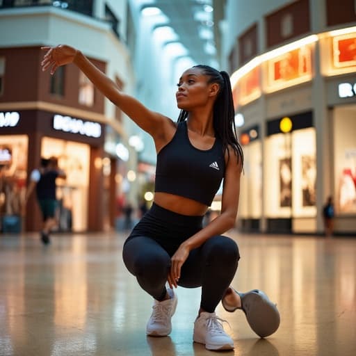 30대 초반의 세련된 흑인 여성이 화려한 쇼핑몰에서 스트레칭 자세를 취하며 긍정적인 표정을 짓고 있습니다. 트렌디한 스포츠웨어와 패셔너블한 운동화를 착용하고 있으며, 주변의 밝은 조명과 다양한 브랜드 매장 속에서 에너지를 발산하고 있습니다.