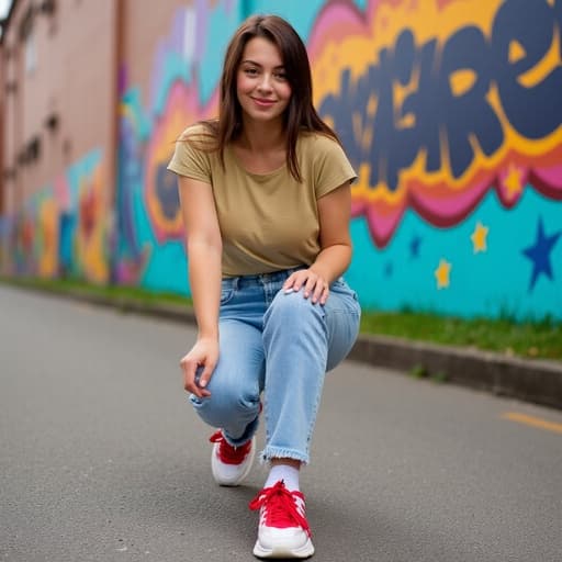 자신감 넘치는 10대 후반 백인 여성 모델이 미소를 지으며 한쪽 발을 살짝 들어올리며 화려한 운동화를 신는 모습을 담은 반신 사진입니다. 그녀는 트렌디한 티셔츠와 세련된 청바지를 입고 있으며, 화려한 벽화가 그려진 도시 거리 배경에서 생동감 넘치는 분위기를 자아냅니다.