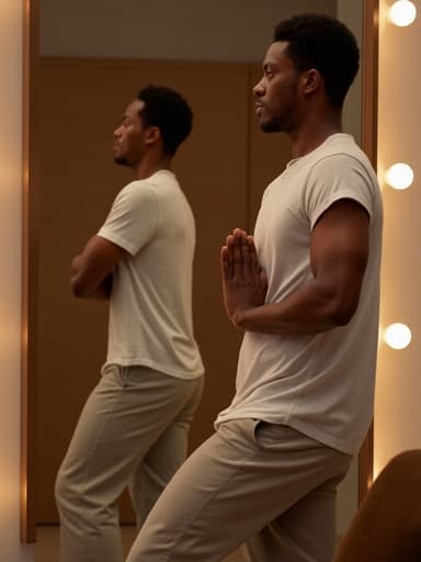 40대 중반의 아프리카계 남성이 스타일리시한 캐주얼 의상을 입고 거울 앞에서 요가 자세를 취하고 있는 반신 사진입니다. 그는 자신의 반영을 바라보며 차분하고 안정된 표정을 유지하고 있습니다. 배경은 따뜻한 조명이 비추는 깔끔하고 현대적인 인테리어로, 고요하고 매력적인 분위기를 더욱 강조합니다.