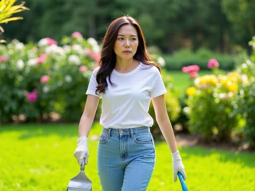 자연스러운 외모를 가진 20대 초반의 동양인 여성이 편안한 복장을 하고 푸른 잔디와 다양한 꽃들이 있는 정원을 걷고 있으며 청소 도구를 들고 있는 모습이 반신 샷으로 표현되었습니다. 걱정스러운 표정과 살짝 찌푸려진 눈썹이 그녀의 주변을 정리하는 과정에서 느끼는 걱정을 전달합니다.