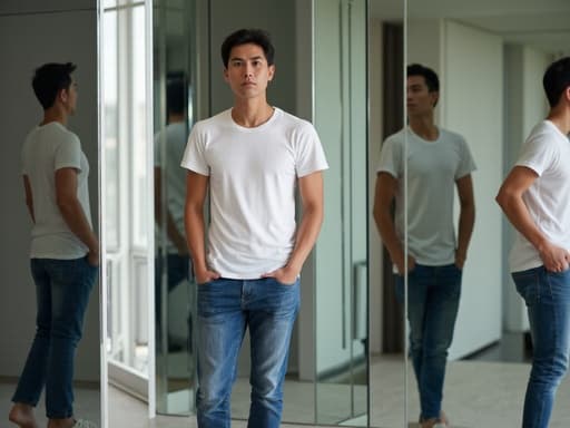 30대 초반의 아시아계 남성이 캐주얼한 티셔츠와 청바지를 입고 현대적인 미러룸에 서 있습니다. 그의 표정은 불만스러운 모습이며, 한쪽 발을 들어 신발을 신으려 하고 있는 자세입니다. 왼손은 주머니에 넣고 있습니다. 배경은 다양한 각도를 반사하여 장면에 깊이와 흥미를 더하고, 캐주얼하면서도 세련된 분위기를 연출합니다.