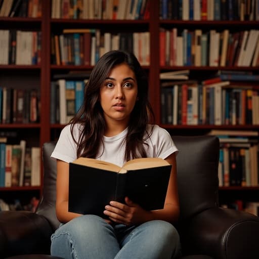 편안한 티셔츠와 청바지를 입은 10대 후반의 라틴계 여성은 책을 집중하며 읽고 있는 모습으로 놀란 표정을 짓고 있는 반신 사진을 촬영했습니다. 책장이 가득 찬 스터디룸에서 지적인 분위기를 자아내며 아늑하고 학문적인 환경을 형성하고 있습니다.